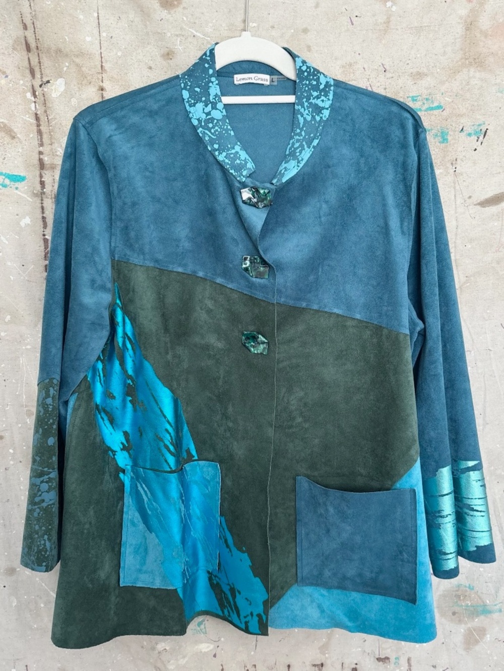 Lemon Grass Peacock Teal Hand Printed Jacket Art to Wear